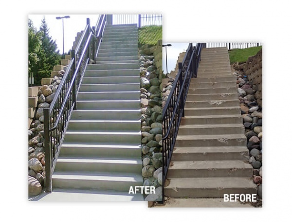 before and after repair on concrete steps